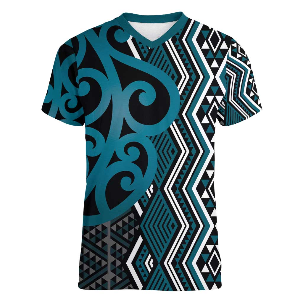 Maori Taniko Patterns Women V-Neck T-Shirt Azure Patiki Motifs Mix Whakairo Ngaru LT7 Female Azure - Polynesian Pride