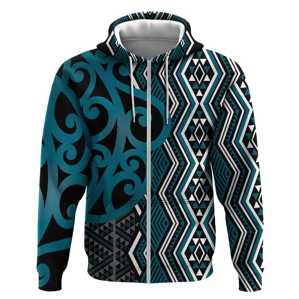 Maori Taniko Patterns Zip Hoodie Azure Patiki Motifs Mix Whakairo Ngaru