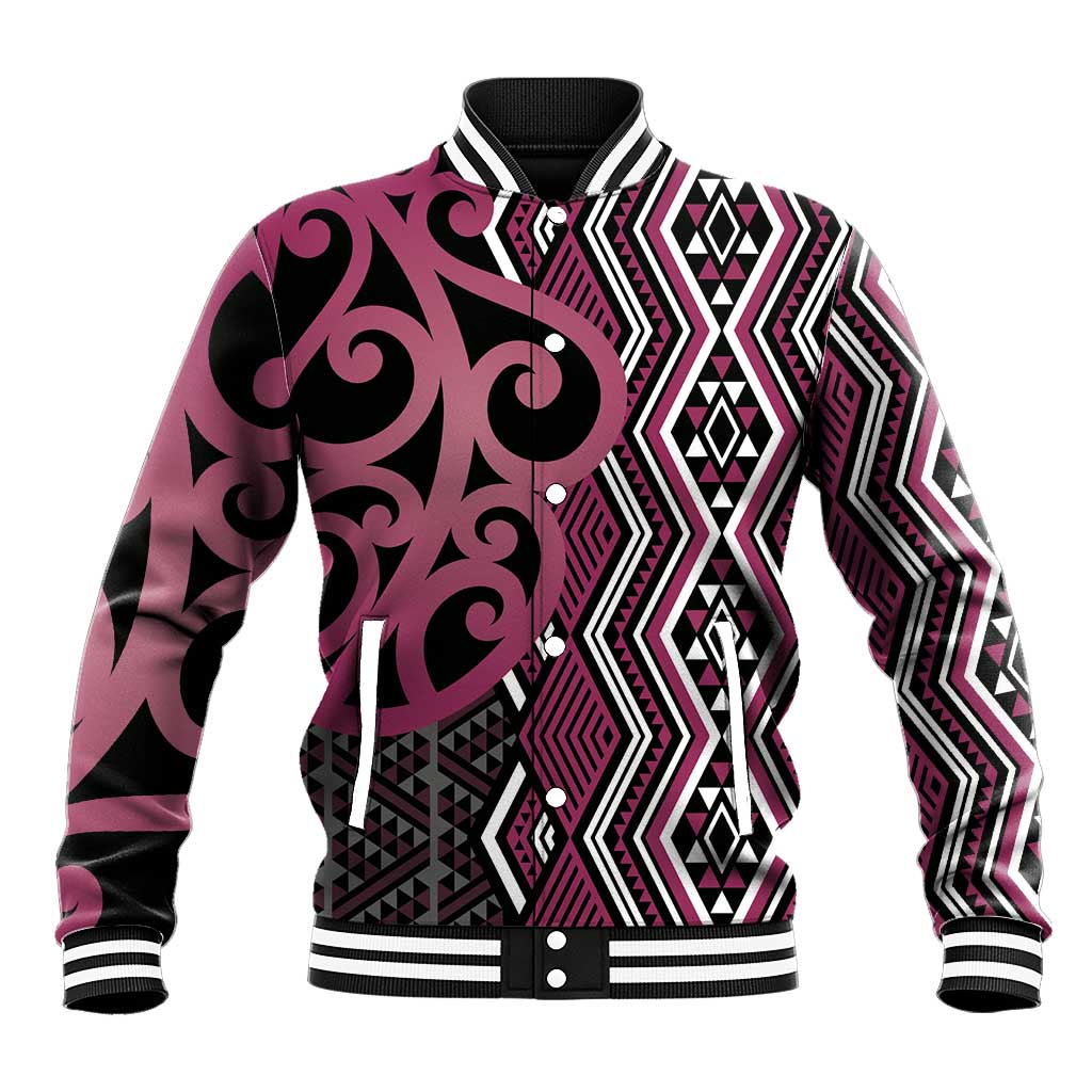 Maori Taniko Patterns Baseball Jacket Pink Patiki Motifs Mix Whakairo Ngaru LT7 Unisex Pink - Polynesian Pride