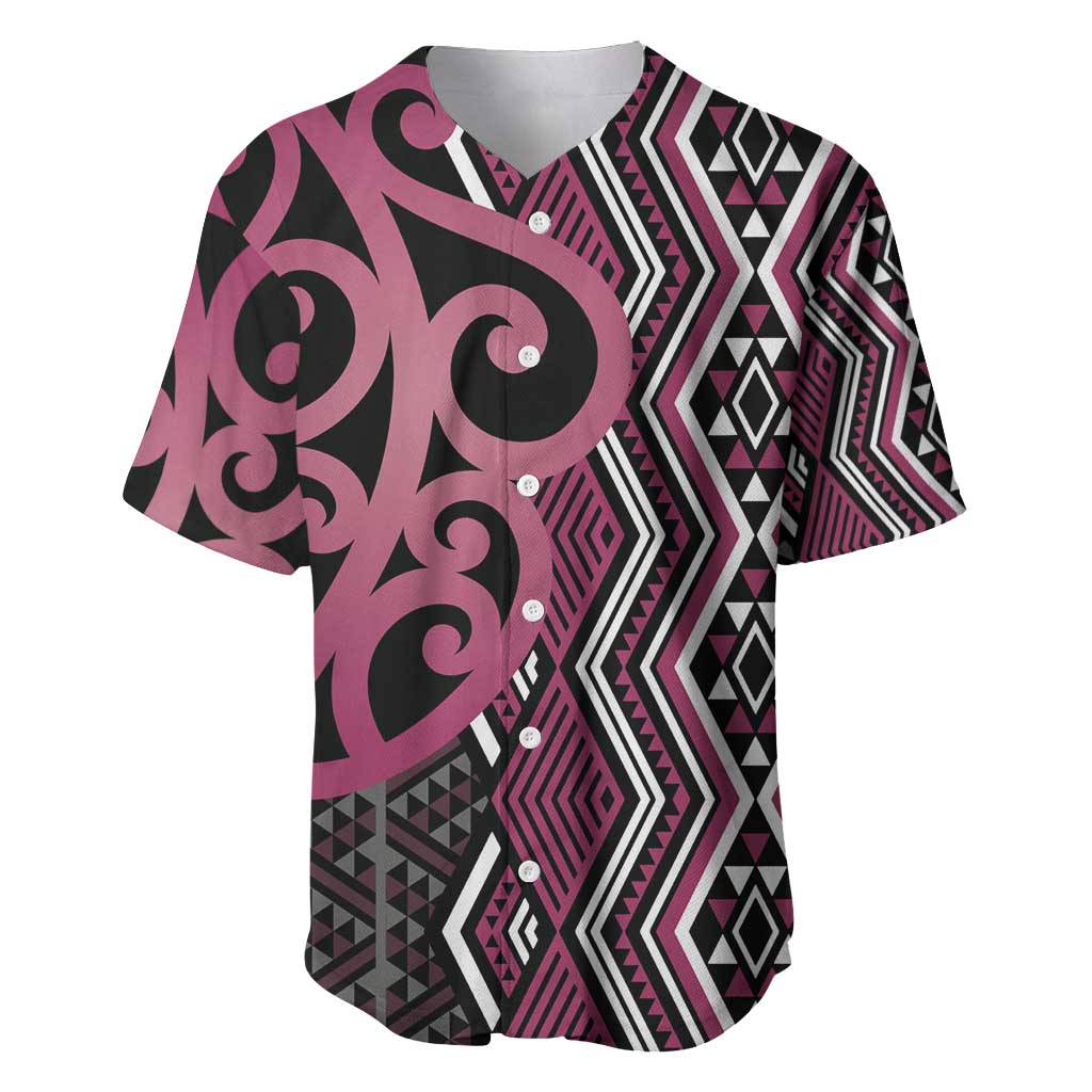 Maori Taniko Patterns Baseball Jersey Pink Patiki Motifs Mix Whakairo Ngaru LT7 Pink - Polynesian Pride