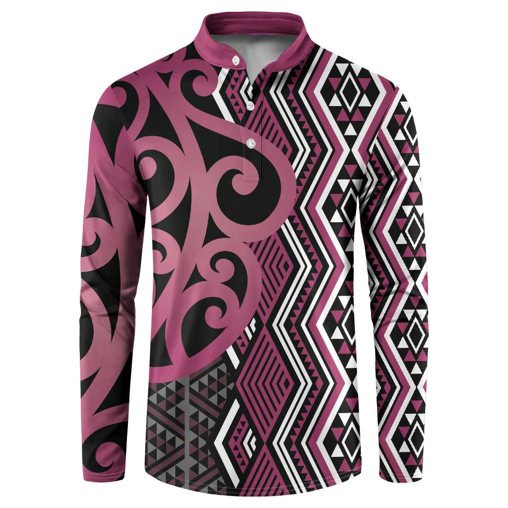 Maori Taniko Patterns Button Sweatshirt Pink Patiki Motifs Mix Whakairo Ngaru LT7 Pink - Polynesian Pride