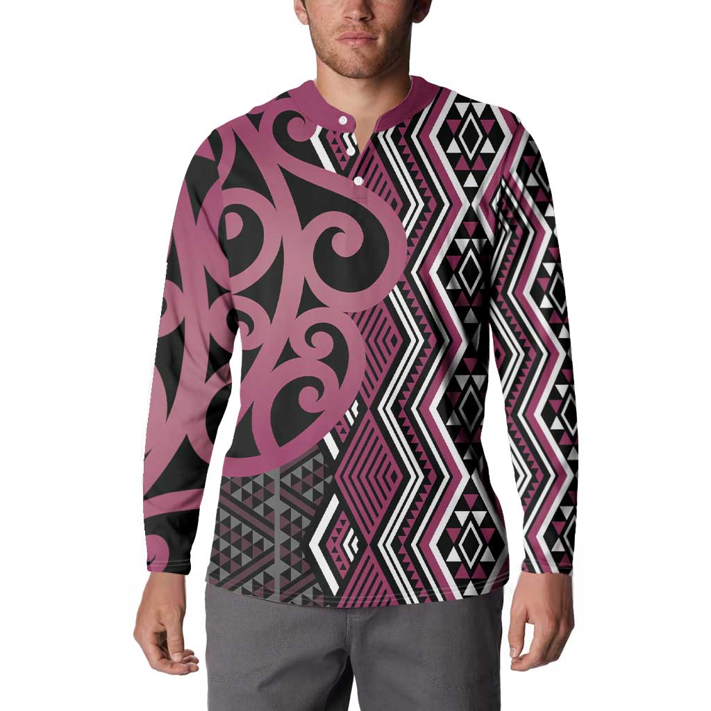 Maori Taniko Patterns Button Sweatshirt Pink Patiki Motifs Mix Whakairo Ngaru LT7 - Polynesian Pride