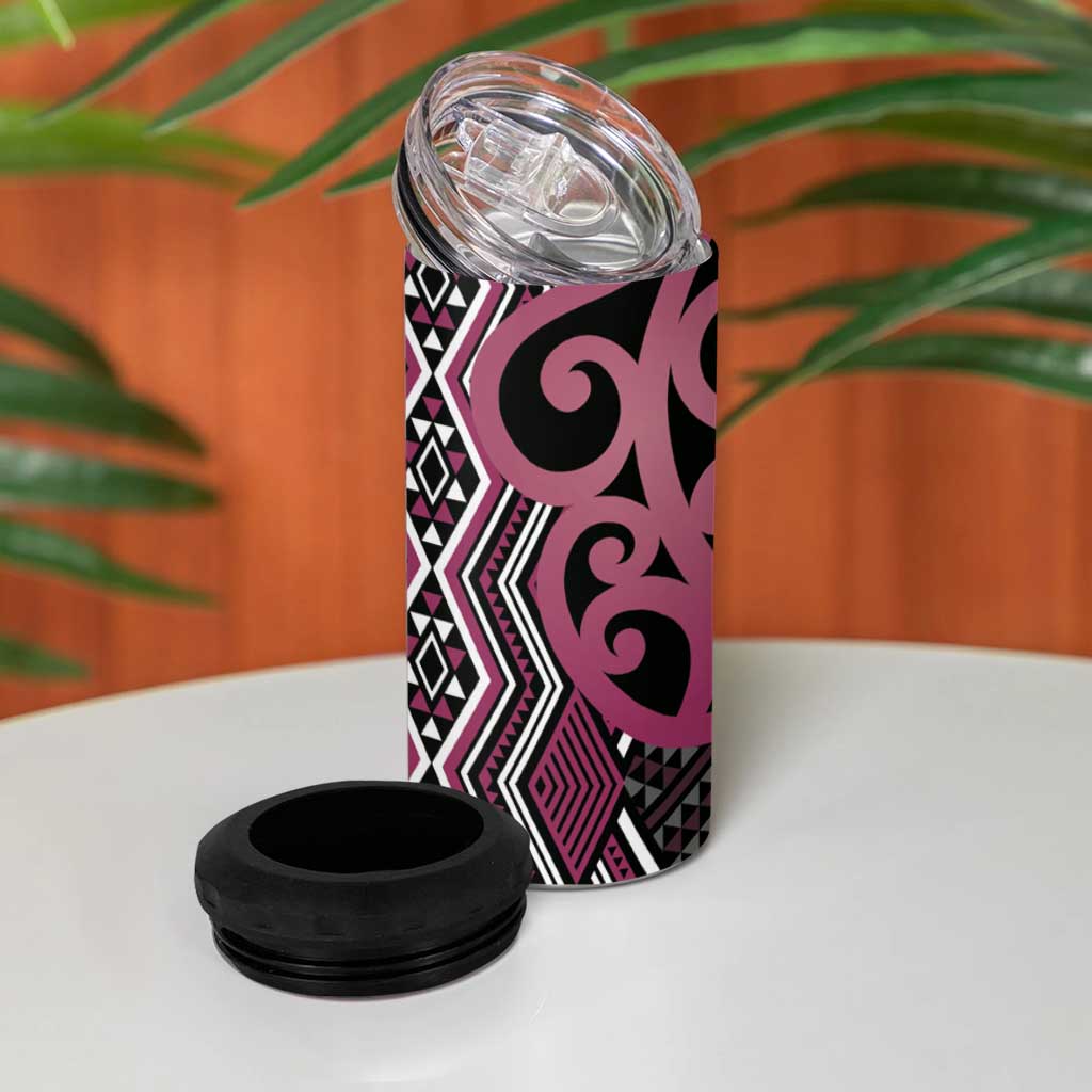 Maori Taniko Patterns 4 in 1 Can Cooler Tumbler Pink Patiki Motifs Mix Whakairo Ngaru LT7 - Polynesian Pride
