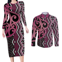 Maori Taniko Patterns Couples Matching Long Sleeve Bodycon Dress and Long Sleeve Button Shirt Pink Patiki Motifs Mix Whakairo Ngaru