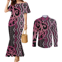 Maori Taniko Patterns Couples Matching Mermaid Dress and Long Sleeve Button Shirt Pink Patiki Motifs Mix Whakairo Ngaru LT7 Pink - Polynesian Pride