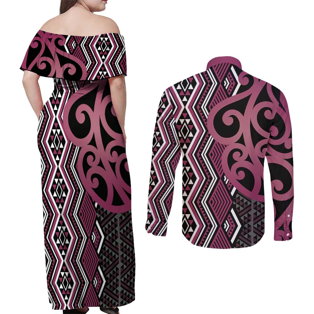 Maori Taniko Patterns Couples Matching Off Shoulder Maxi Dress and Long Sleeve Button Shirt Pink Patiki Motifs Mix Whakairo Ngaru LT7 - Polynesian Pride