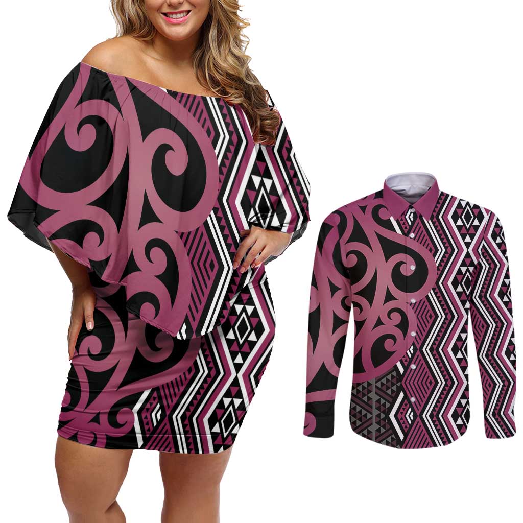 Maori Taniko Patterns Couples Matching Off Shoulder Short Dress and Long Sleeve Button Shirt Pink Patiki Motifs Mix Whakairo Ngaru LT7 Pink - Polynesian Pride