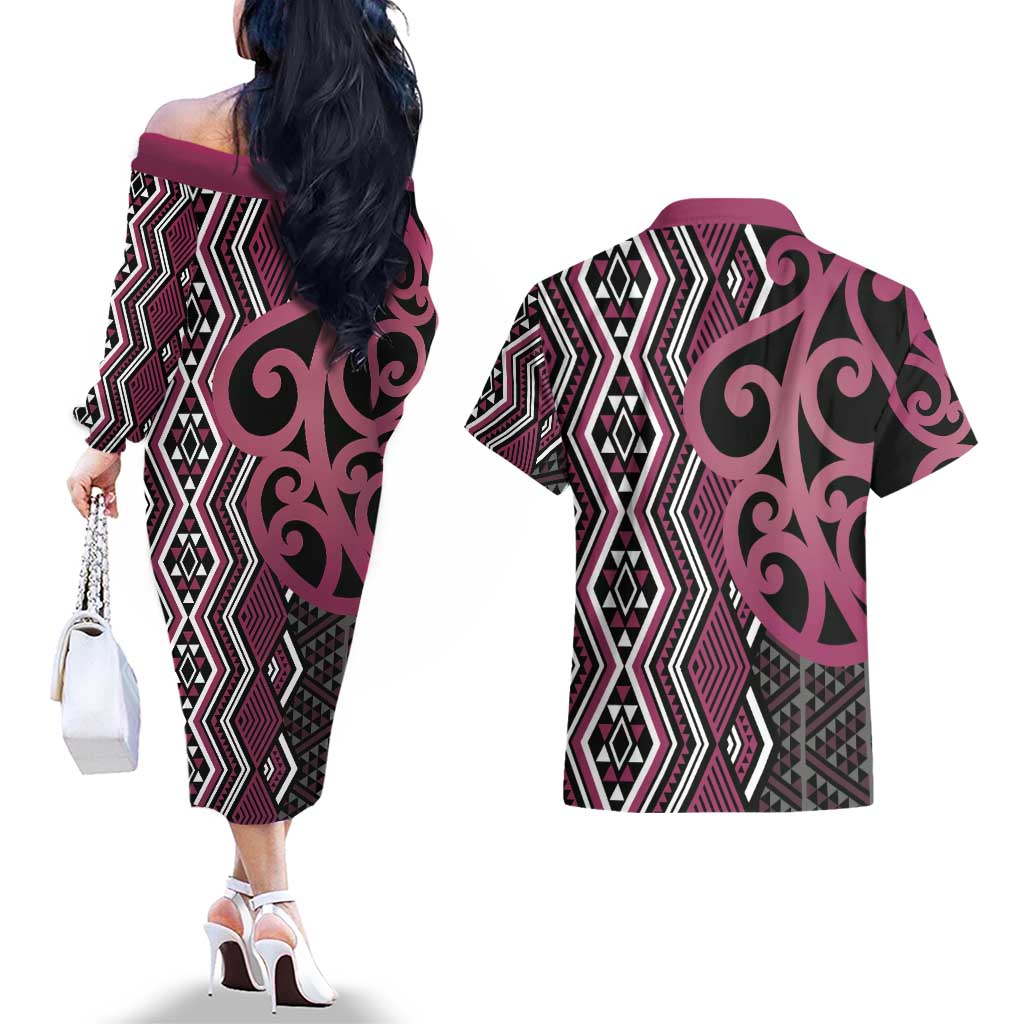Maori Taniko Patterns Couples Matching Off The Shoulder Long Sleeve Dress and Hawaiian Shirt Pink Patiki Motifs Mix Whakairo Ngaru