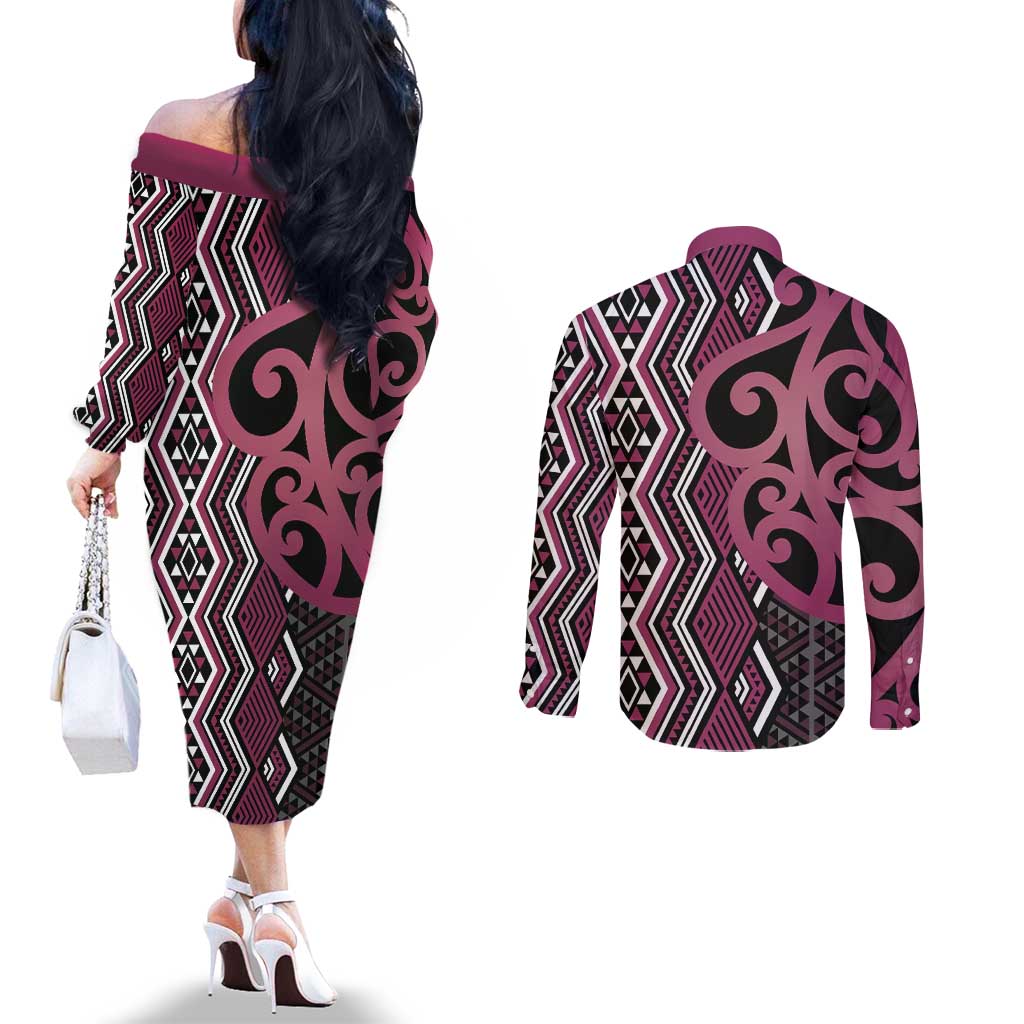 Maori Taniko Patterns Couples Matching Off The Shoulder Long Sleeve Dress and Long Sleeve Button Shirt Pink Patiki Motifs Mix Whakairo Ngaru