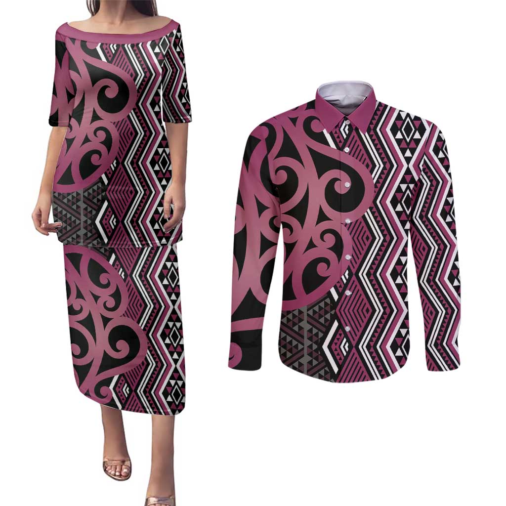 Maori Taniko Patterns Couples Matching Puletasi and Long Sleeve Button Shirt Pink Patiki Motifs Mix Whakairo Ngaru LT7 Pink - Polynesian Pride