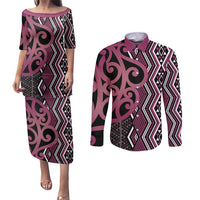 Maori Taniko Patterns Couples Matching Puletasi and Long Sleeve Button Shirt Pink Patiki Motifs Mix Whakairo Ngaru LT7 Pink - Polynesian Pride