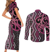 Maori Taniko Patterns Couples Matching Short Sleeve Bodycon Dress and Long Sleeve Button Shirt Pink Patiki Motifs Mix Whakairo Ngaru