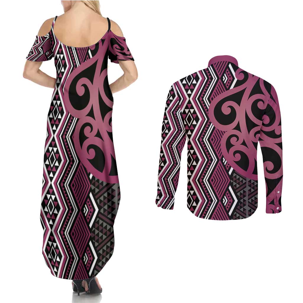 Maori Taniko Patterns Couples Matching Summer Maxi Dress and Long Sleeve Button Shirt Pink Patiki Motifs Mix Whakairo Ngaru LT7 - Polynesian Pride