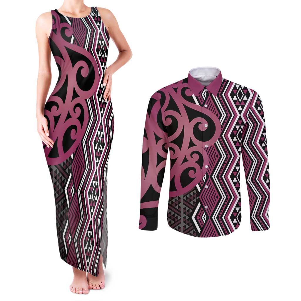 Maori Taniko Patterns Couples Matching Tank Maxi Dress and Long Sleeve Button Shirt Pink Patiki Motifs Mix Whakairo Ngaru LT7 Pink - Polynesian Pride