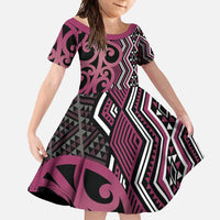 Maori Taniko Patterns Family Matching Long Sleeve Bodycon Dress and Hawaiian Shirt Pink Patiki Motifs Mix Whakairo Ngaru LT7 Daughter's Dress Pink - Polynesian Pride
