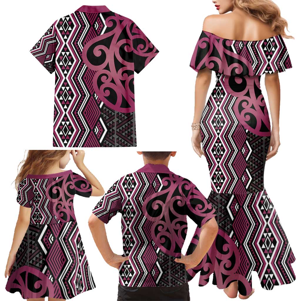 Maori Taniko Patterns Family Matching Mermaid Dress and Hawaiian Shirt Pink Patiki Motifs Mix Whakairo Ngaru LT7 - Polynesian Pride