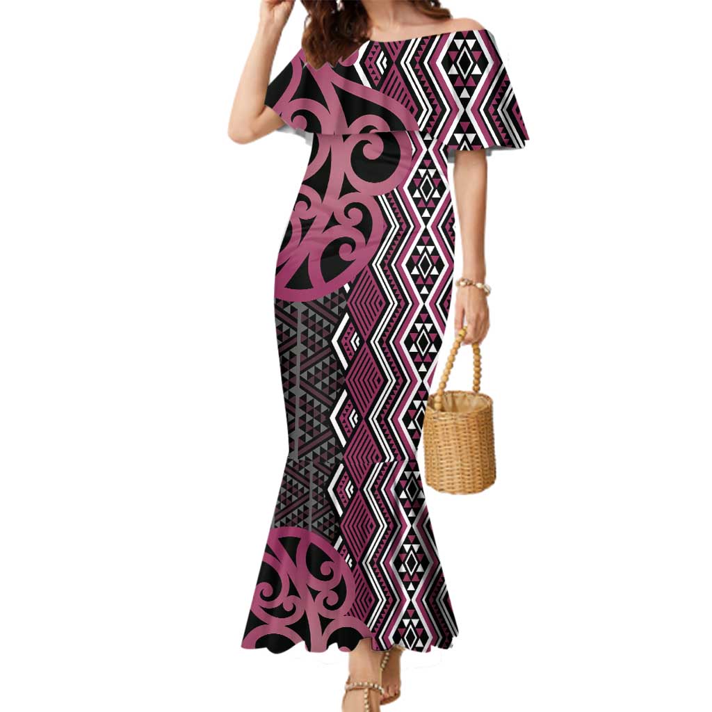 Maori Taniko Patterns Family Matching Mermaid Dress and Hawaiian Shirt Pink Patiki Motifs Mix Whakairo Ngaru LT7 Mom's Dress Pink - Polynesian Pride