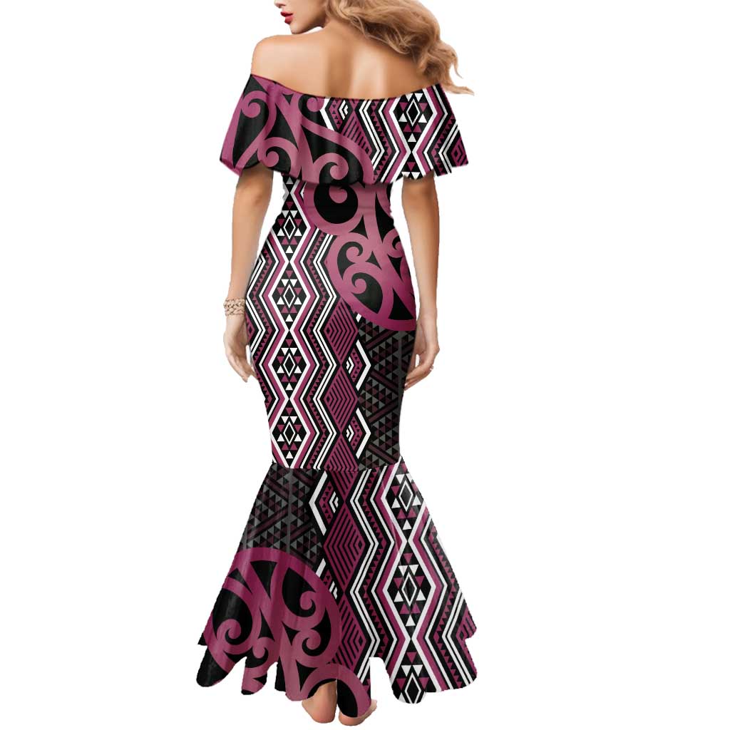 Maori Taniko Patterns Family Matching Mermaid Dress and Hawaiian Shirt Pink Patiki Motifs Mix Whakairo Ngaru LT7 - Polynesian Pride