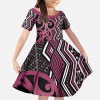 Maori Taniko Patterns Family Matching Off Shoulder Maxi Dress and Hawaiian Shirt Pink Patiki Motifs Mix Whakairo Ngaru LT7 Daughter's Dress Pink - Polynesian Pride