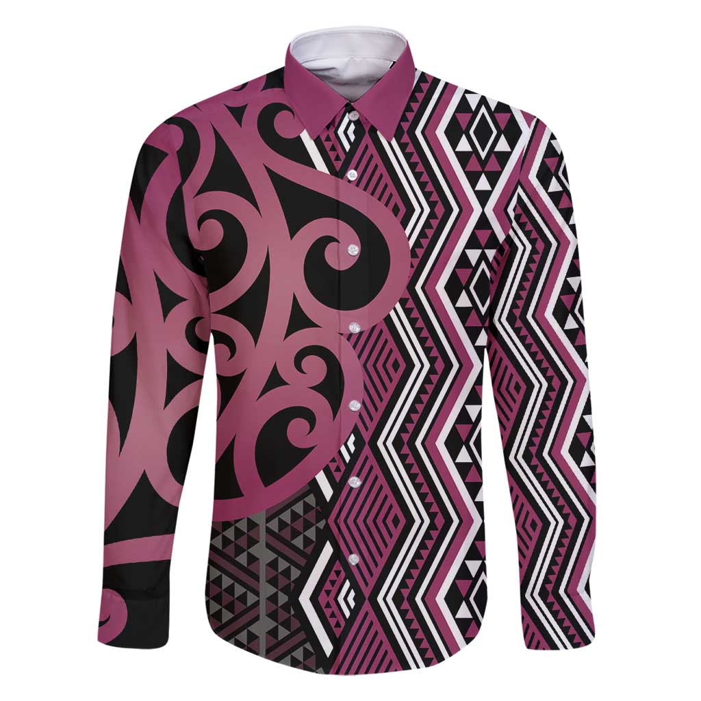 Maori Taniko Patterns Family Matching Off Shoulder Short Dress and Hawaiian Shirt Pink Patiki Motifs Mix Whakairo Ngaru LT7 Dad's Shirt - Long Sleeve Pink - Polynesian Pride