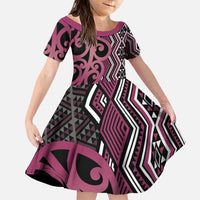 Maori Taniko Patterns Family Matching Puletasi and Hawaiian Shirt Pink Patiki Motifs Mix Whakairo Ngaru LT7 Daughter's Dress Pink - Polynesian Pride