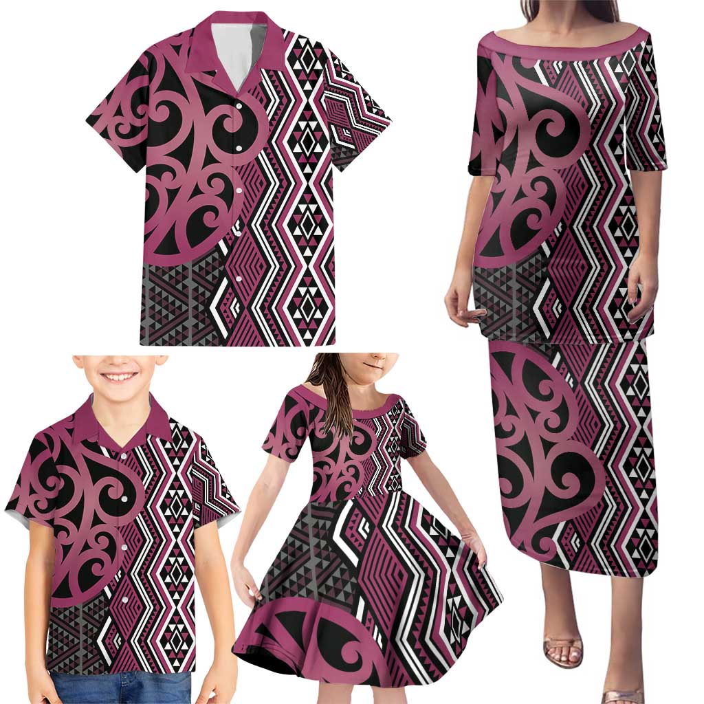 Maori Taniko Patterns Family Matching Puletasi and Hawaiian Shirt Pink Patiki Motifs Mix Whakairo Ngaru LT7 - Polynesian Pride