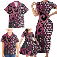 Maori Taniko Patterns Family Matching Short Sleeve Bodycon Dress and Hawaiian Shirt Pink Patiki Motifs Mix Whakairo Ngaru LT7 - Polynesian Pride
