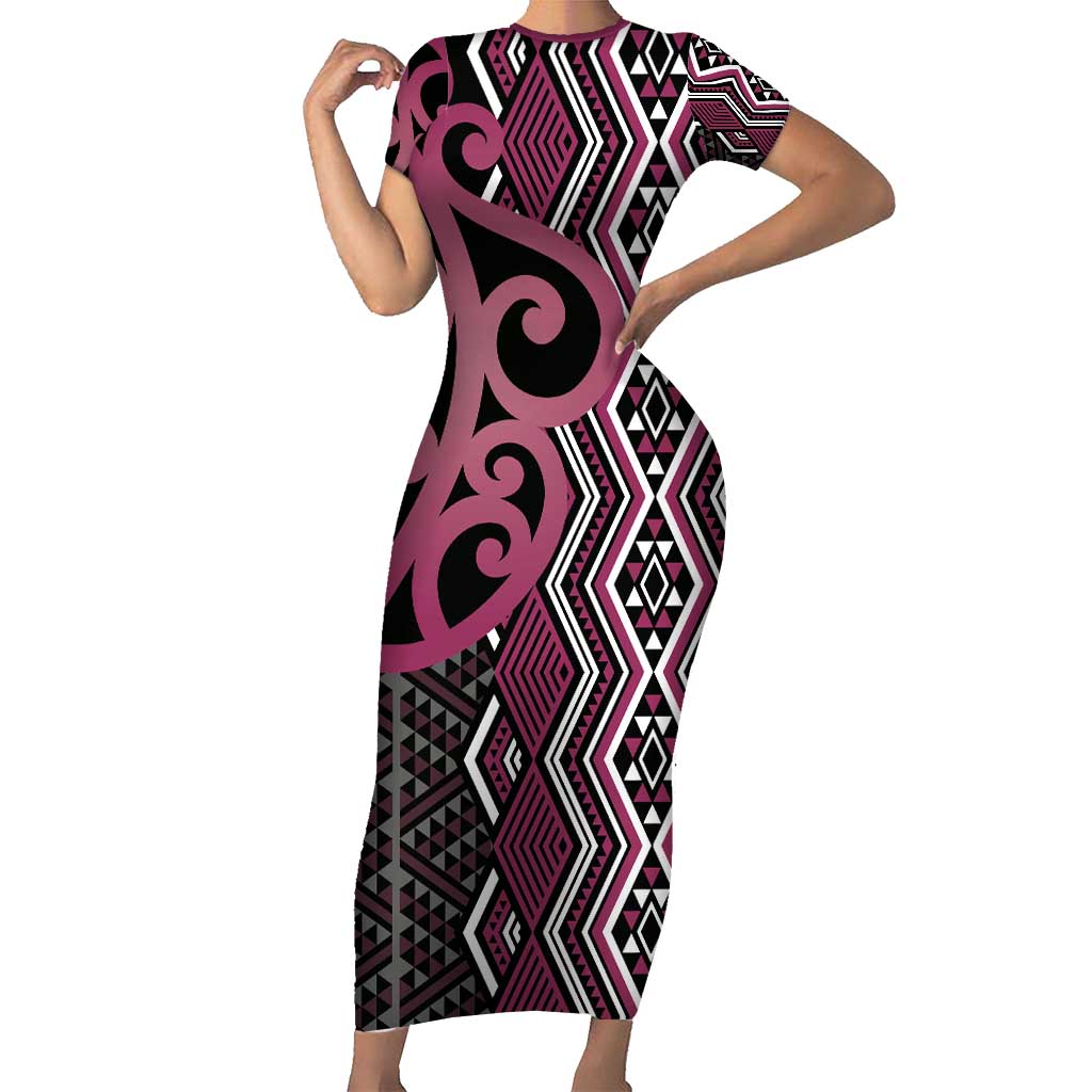 Maori Taniko Patterns Family Matching Short Sleeve Bodycon Dress and Hawaiian Shirt Pink Patiki Motifs Mix Whakairo Ngaru LT7 Mom's Dress Pink - Polynesian Pride