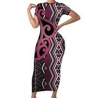 Maori Taniko Patterns Family Matching Short Sleeve Bodycon Dress and Hawaiian Shirt Pink Patiki Motifs Mix Whakairo Ngaru LT7 Mom's Dress Pink - Polynesian Pride