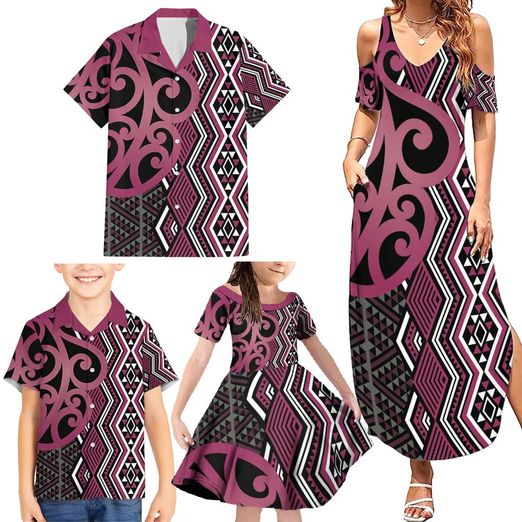 Maori Taniko Patterns Family Matching Summer Maxi Dress and Hawaiian Shirt Pink Patiki Motifs Mix Whakairo Ngaru LT7 - Polynesian Pride