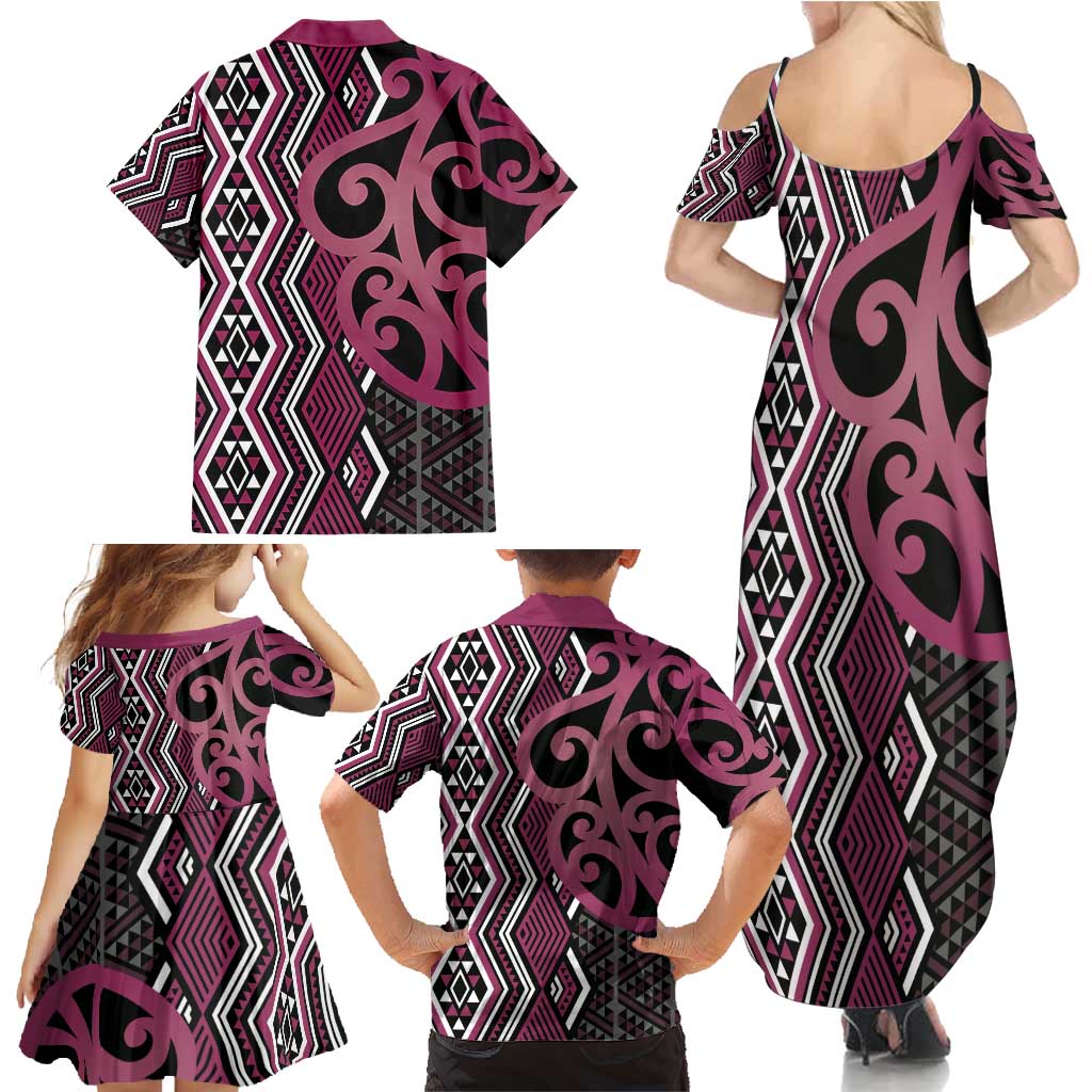 Maori Taniko Patterns Family Matching Summer Maxi Dress and Hawaiian Shirt Pink Patiki Motifs Mix Whakairo Ngaru LT7 - Polynesian Pride
