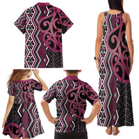 Maori Taniko Patterns Family Matching Tank Maxi Dress and Hawaiian Shirt Pink Patiki Motifs Mix Whakairo Ngaru LT7 - Polynesian Pride