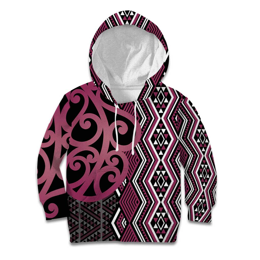 Maori Taniko Patterns Kid Hoodie Pink Patiki Motifs Mix Whakairo Ngaru