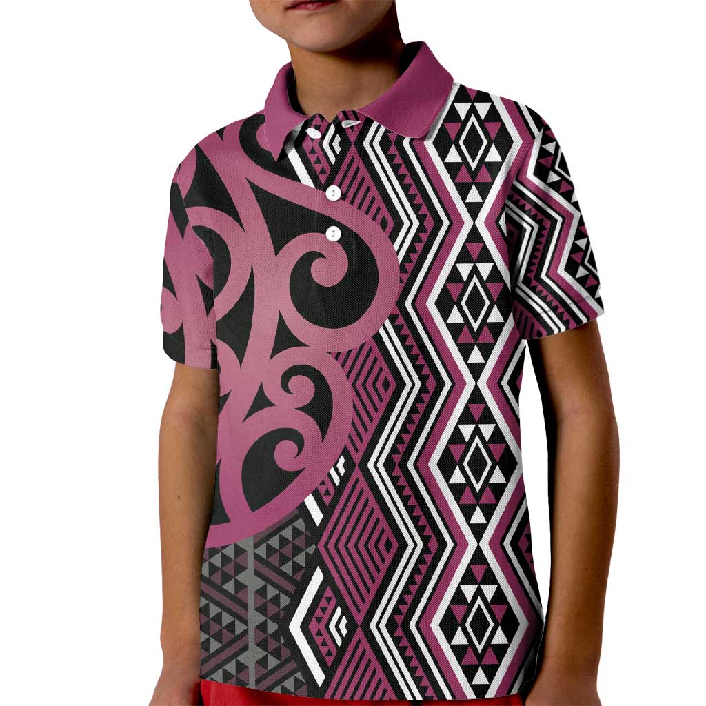 Maori Taniko Patterns Kid Polo Shirt Pink Patiki Motifs Mix Whakairo Ngaru LT7 Kid Pink - Polynesian Pride