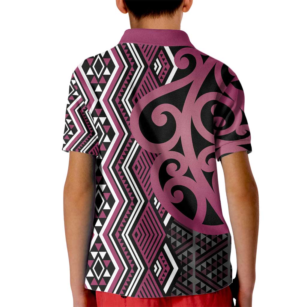 Maori Taniko Patterns Kid Polo Shirt Pink Patiki Motifs Mix Whakairo Ngaru LT7 - Polynesian Pride