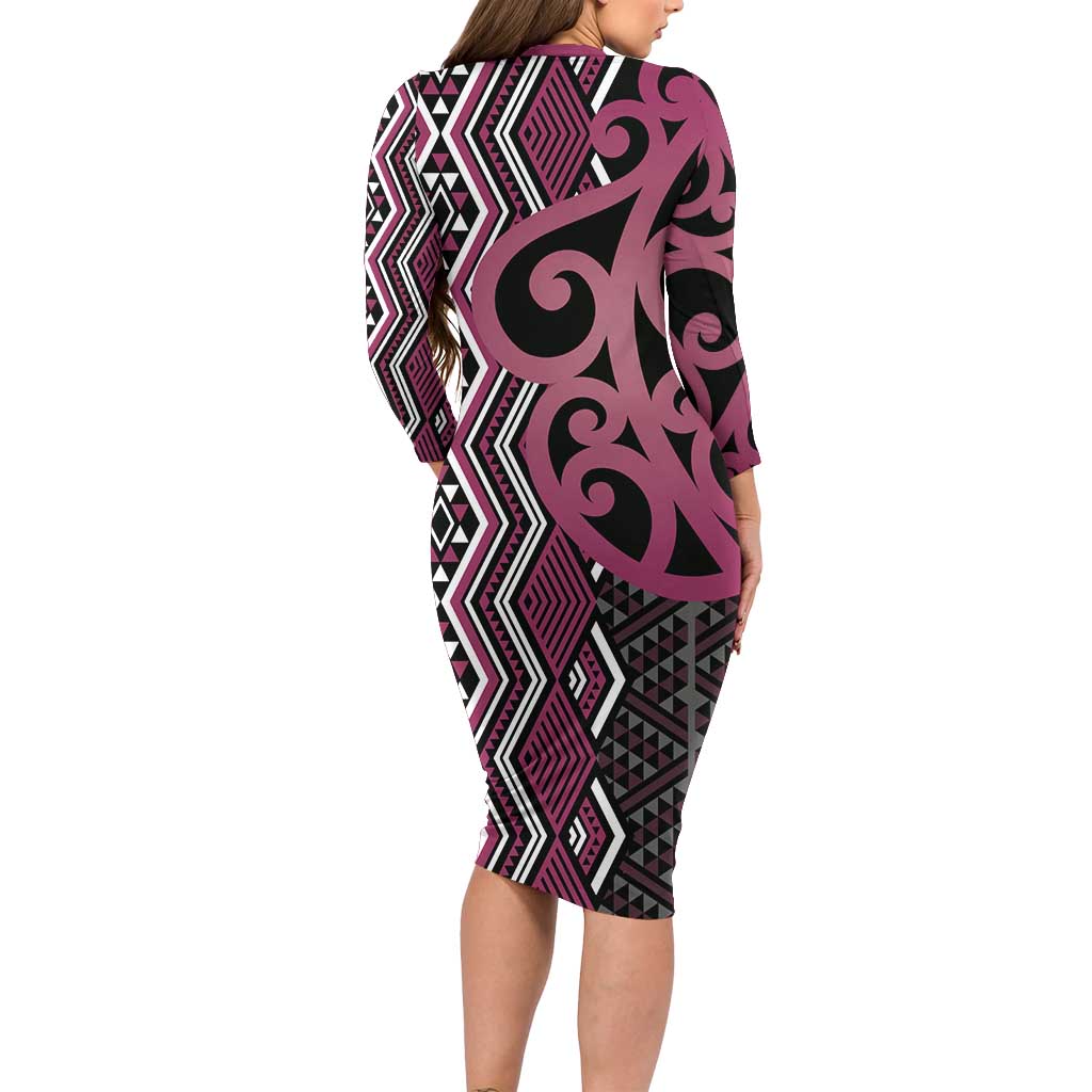 Maori Taniko Patterns Long Sleeve Bodycon Dress Pink Patiki Motifs Mix Whakairo Ngaru