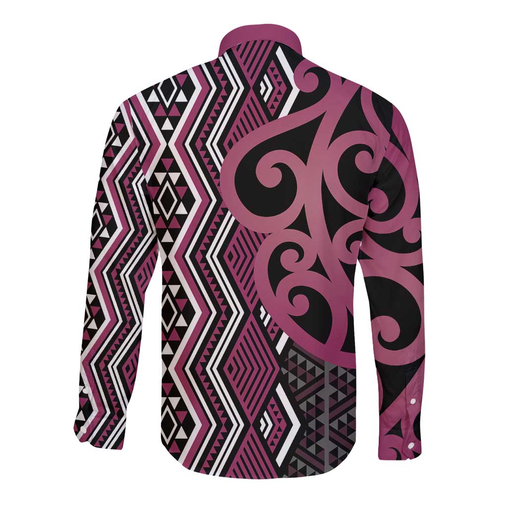 Maori Taniko Patterns Long Sleeve Button Shirt Pink Patiki Motifs Mix Whakairo Ngaru