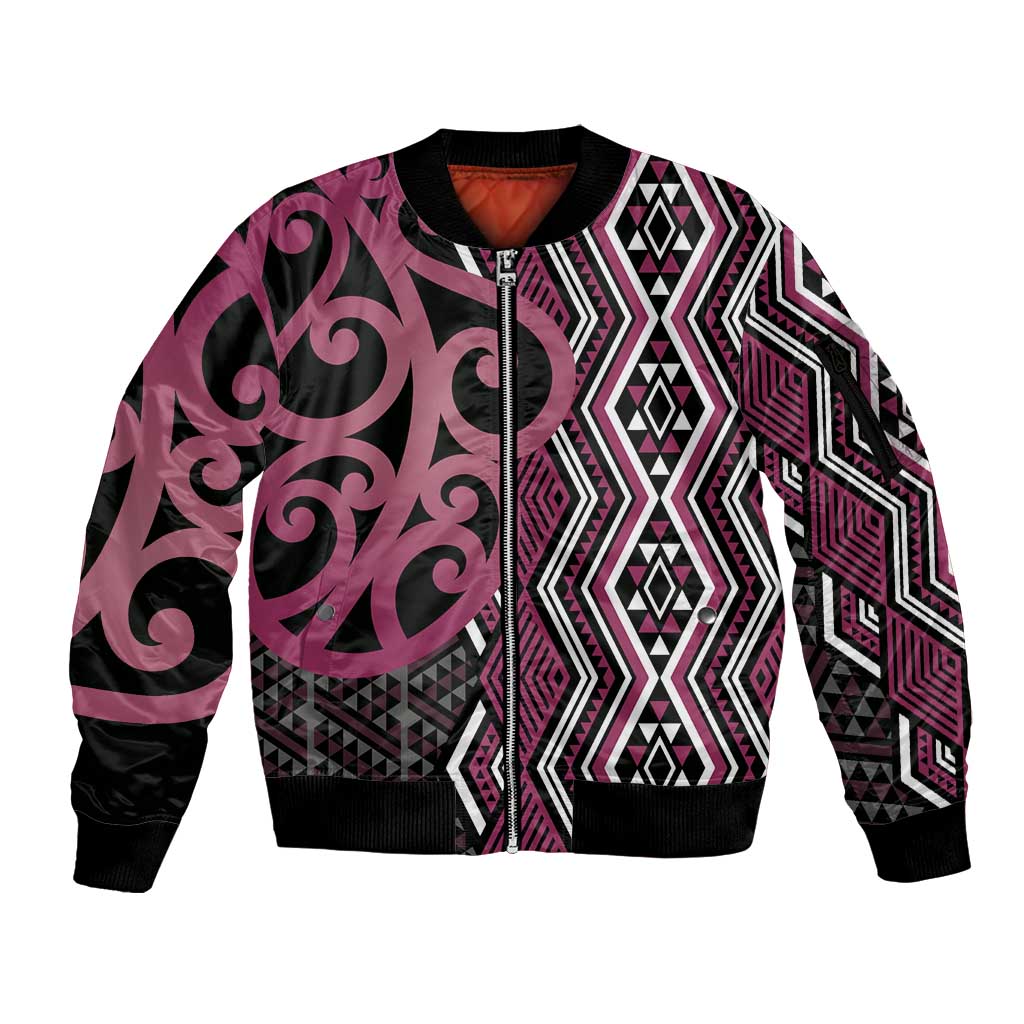Maori Taniko Patterns Sleeve Zip Bomber Jacket Pink Patiki Motifs Mix Whakairo Ngaru