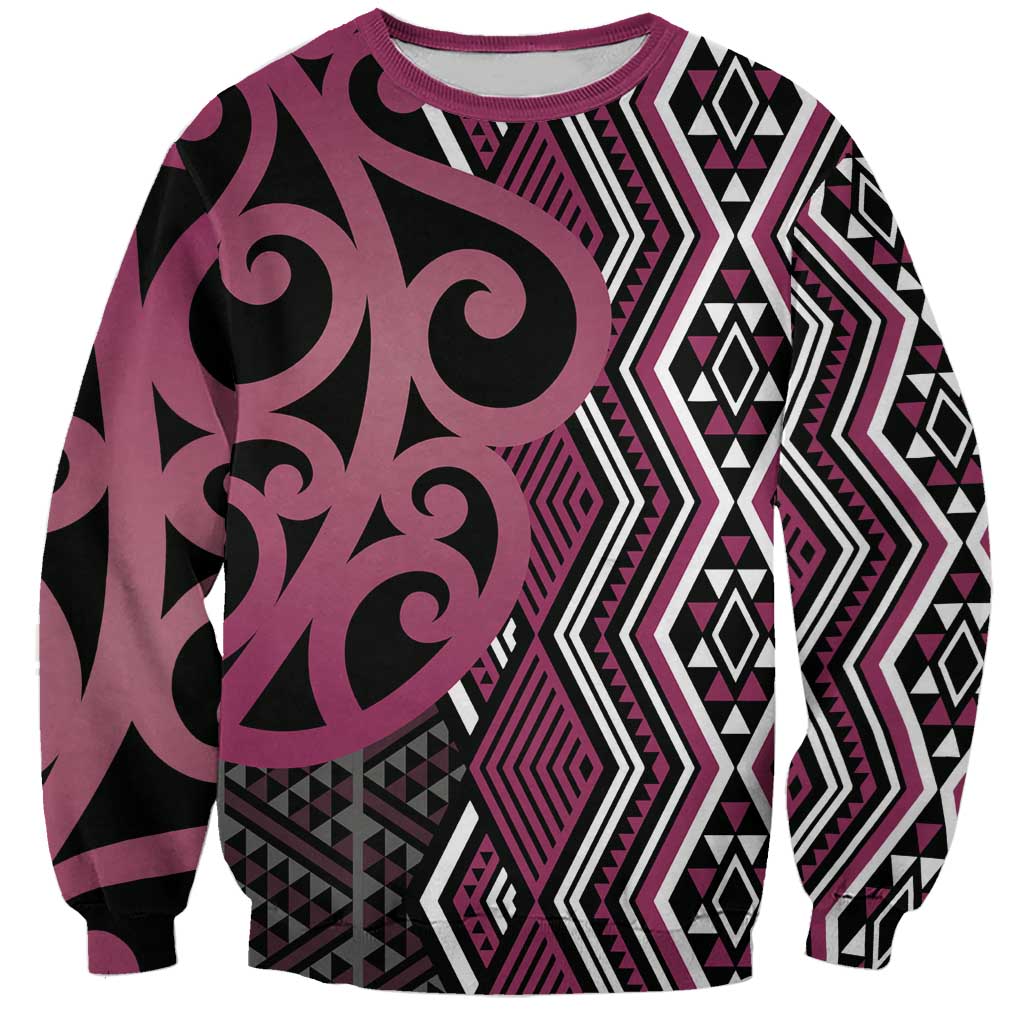 Maori Taniko Patterns Sweatshirt Pink Patiki Motifs Mix Whakairo Ngaru LT7 Unisex Pink - Polynesian Pride