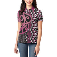 Maori Taniko Patterns Women Polo Shirt Pink Patiki Motifs Mix Whakairo Ngaru