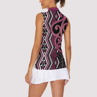 Maori Taniko Patterns Women Sleeveless Polo Shirt Pink Patiki Motifs Mix Whakairo Ngaru