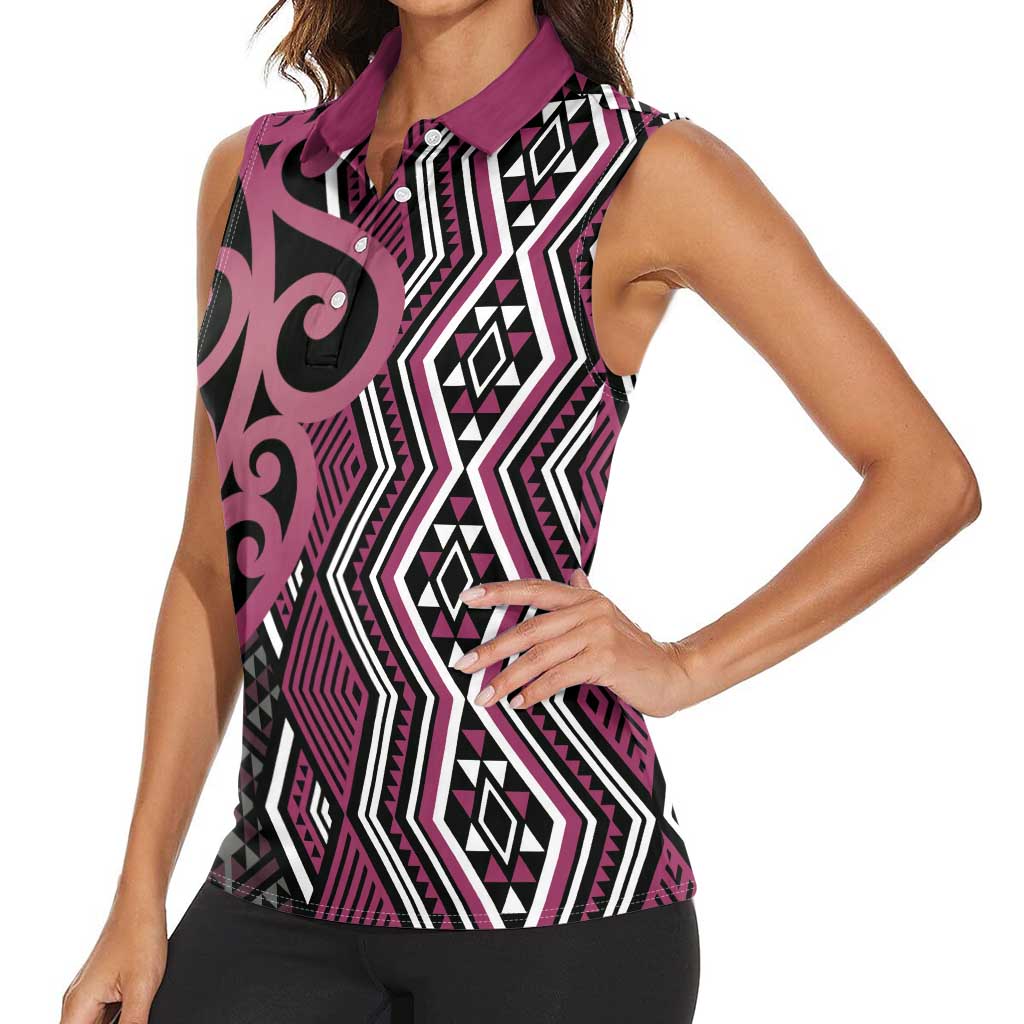 Maori Taniko Patterns Women Sleeveless Polo Shirt Pink Patiki Motifs Mix Whakairo Ngaru