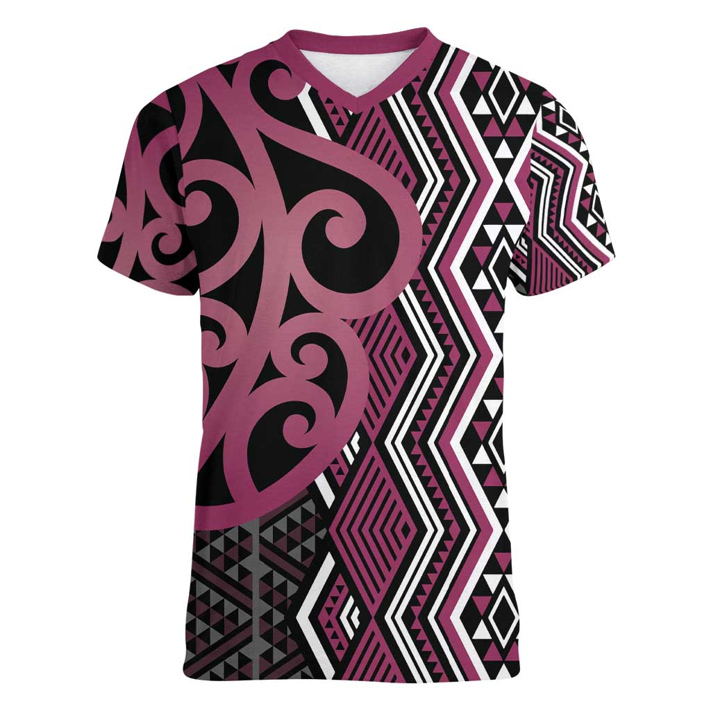 Maori Taniko Patterns Women V-Neck T-Shirt Pink Patiki Motifs Mix Whakairo Ngaru LT7 Female Pink - Polynesian Pride
