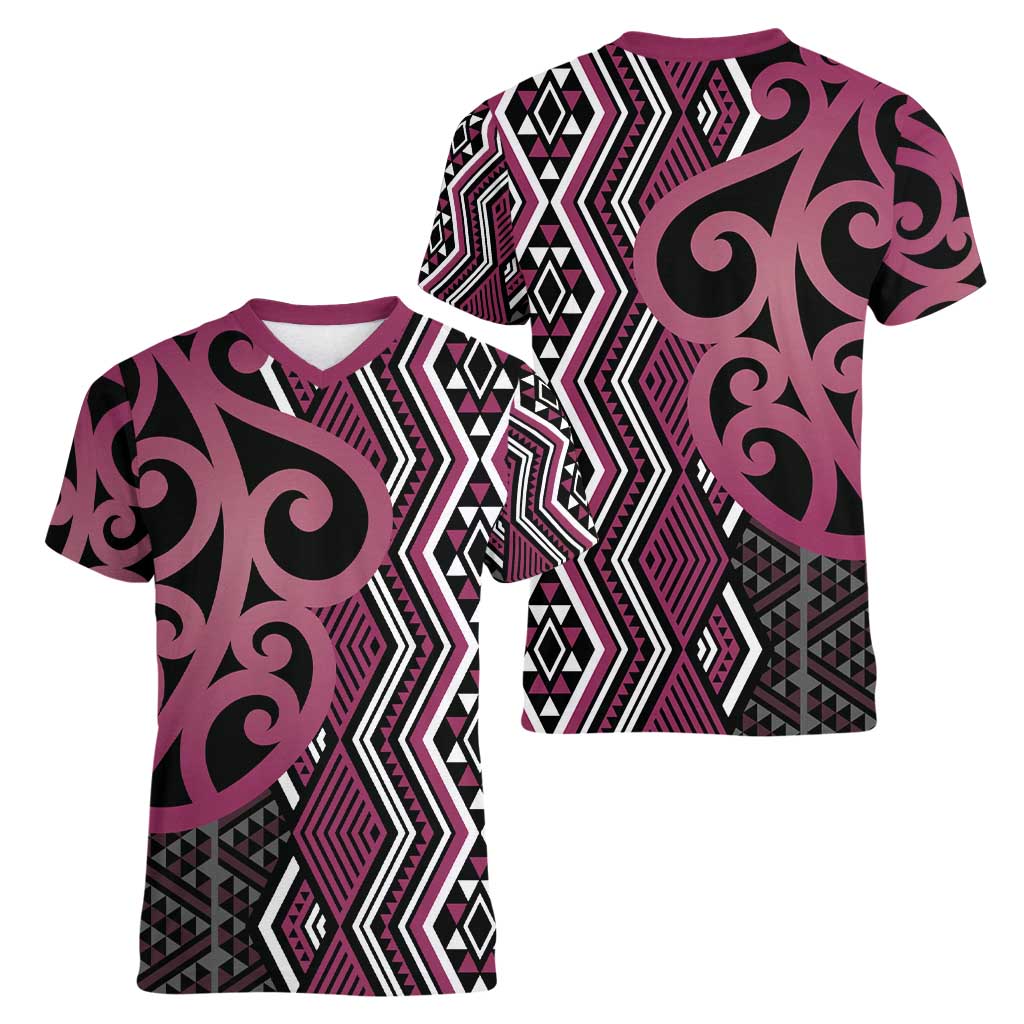 Maori Taniko Patterns Women V-Neck T-Shirt Pink Patiki Motifs Mix Whakairo Ngaru LT7 - Polynesian Pride