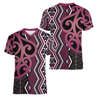 Maori Taniko Patterns Women V-Neck T-Shirt Pink Patiki Motifs Mix Whakairo Ngaru LT7 - Polynesian Pride