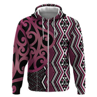 Maori Taniko Patterns Zip Hoodie Pink Patiki Motifs Mix Whakairo Ngaru