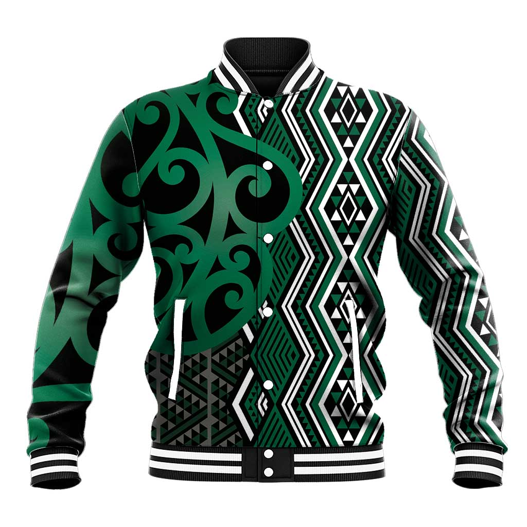 Maori Taniko Patterns Baseball Jacket Pounamu Patiki Motifs Mix Whakairo Ngaru LT7 Unisex Green - Polynesian Pride