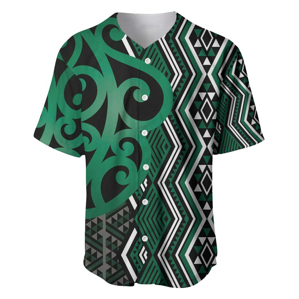 Maori Taniko Patterns Baseball Jersey Pounamu Patiki Motifs Mix Whakairo Ngaru LT7 Green - Polynesian Pride