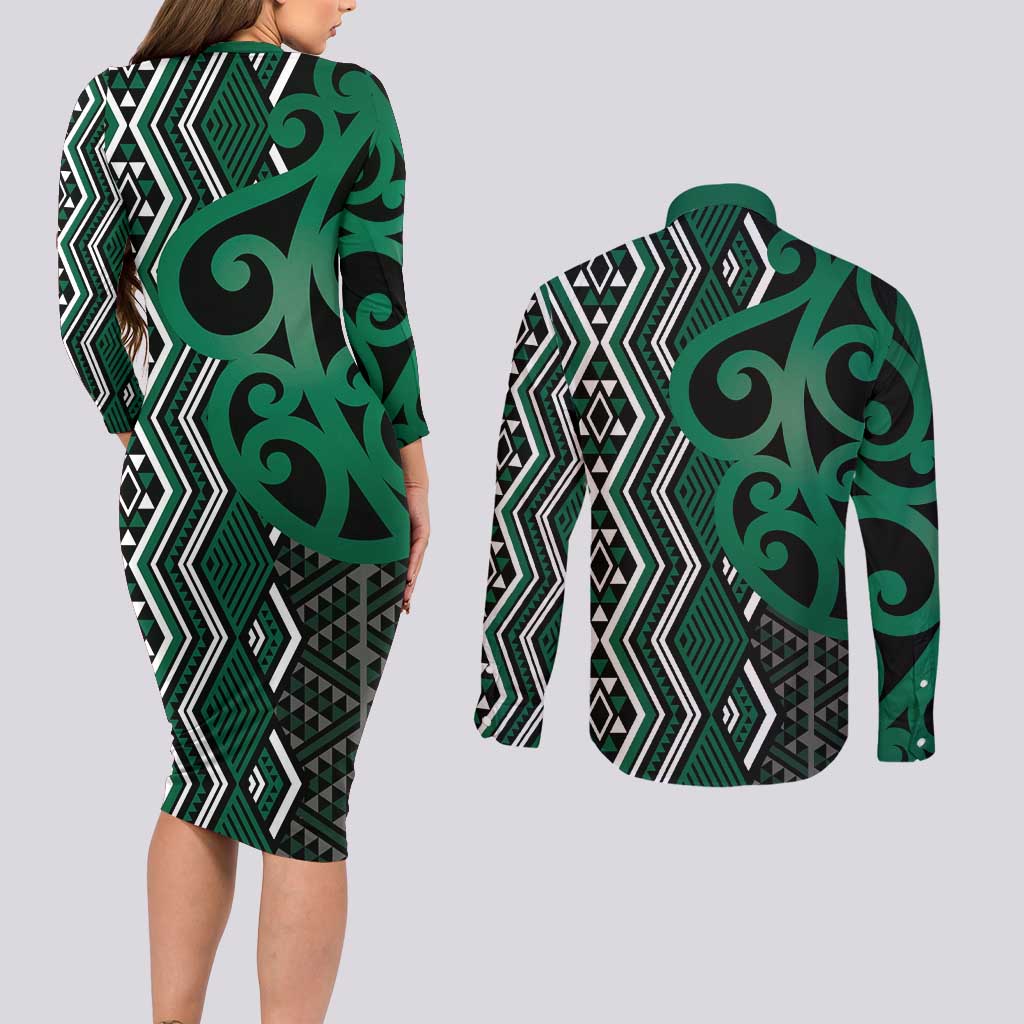 Maori Taniko Patterns Couples Matching Long Sleeve Bodycon Dress and Long Sleeve Button Shirt Pounamu Patiki Motifs Mix Whakairo Ngaru