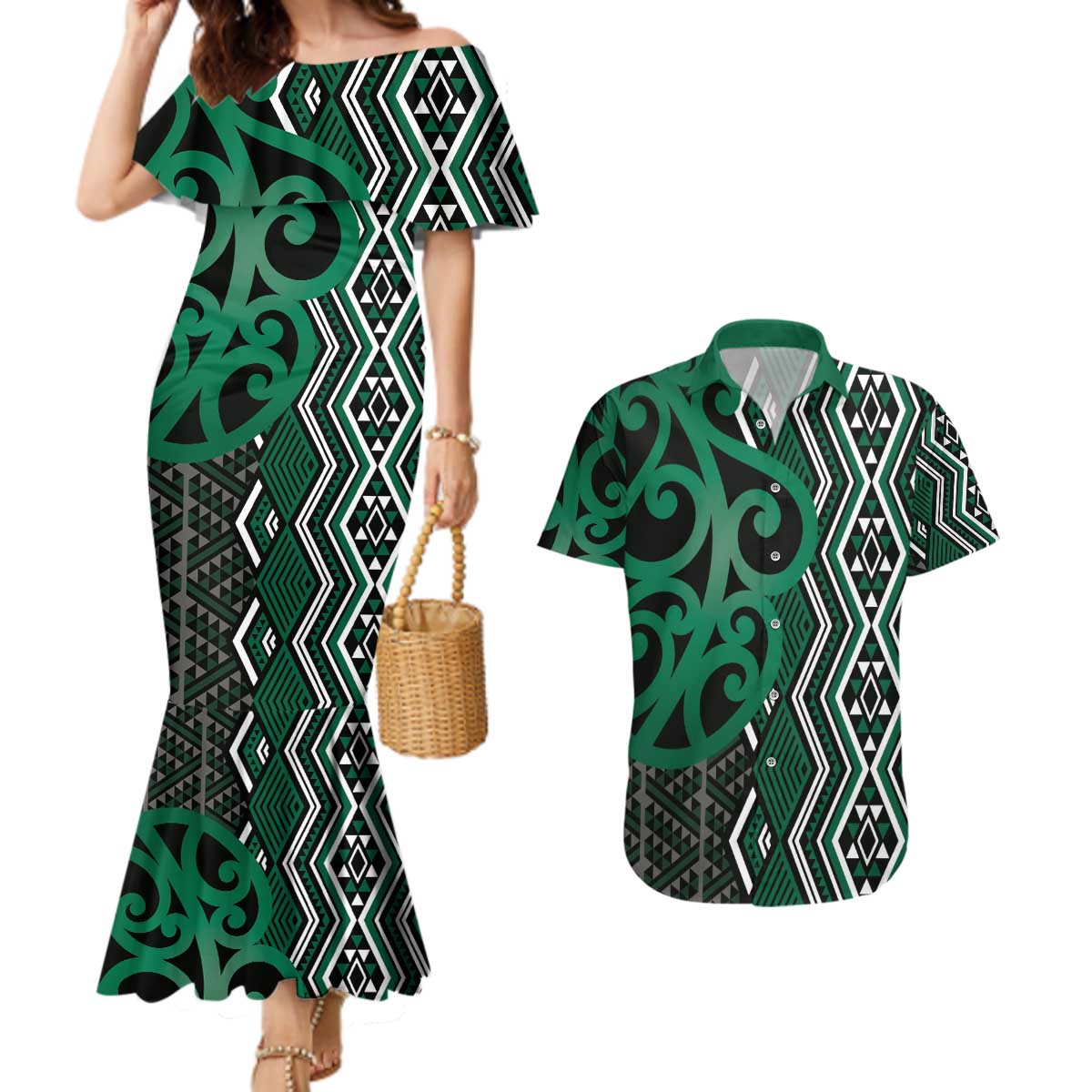 Maori Taniko Patterns Couples Matching Mermaid Dress and Hawaiian Shirt Pounamu Patiki Motifs Mix Whakairo Ngaru LT7 Green - Polynesian Pride